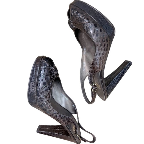 STUART WIETZMAN 9.5 Autumn Brown Peep Toe Crocodile Platform Ankle Strap Heels - Picture 2 of 8